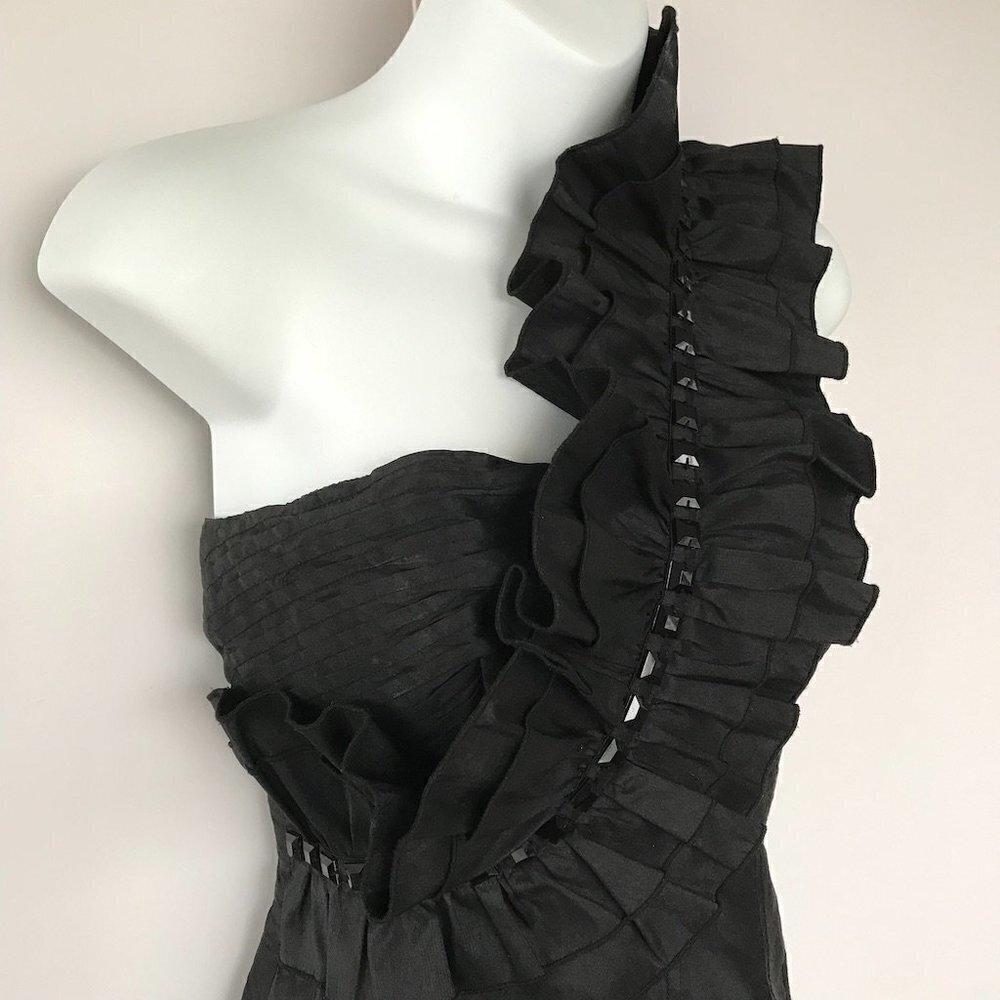 PLENTY party LBD, one-shoulder, silk, ruffle & bling form-fitting dress sz 8